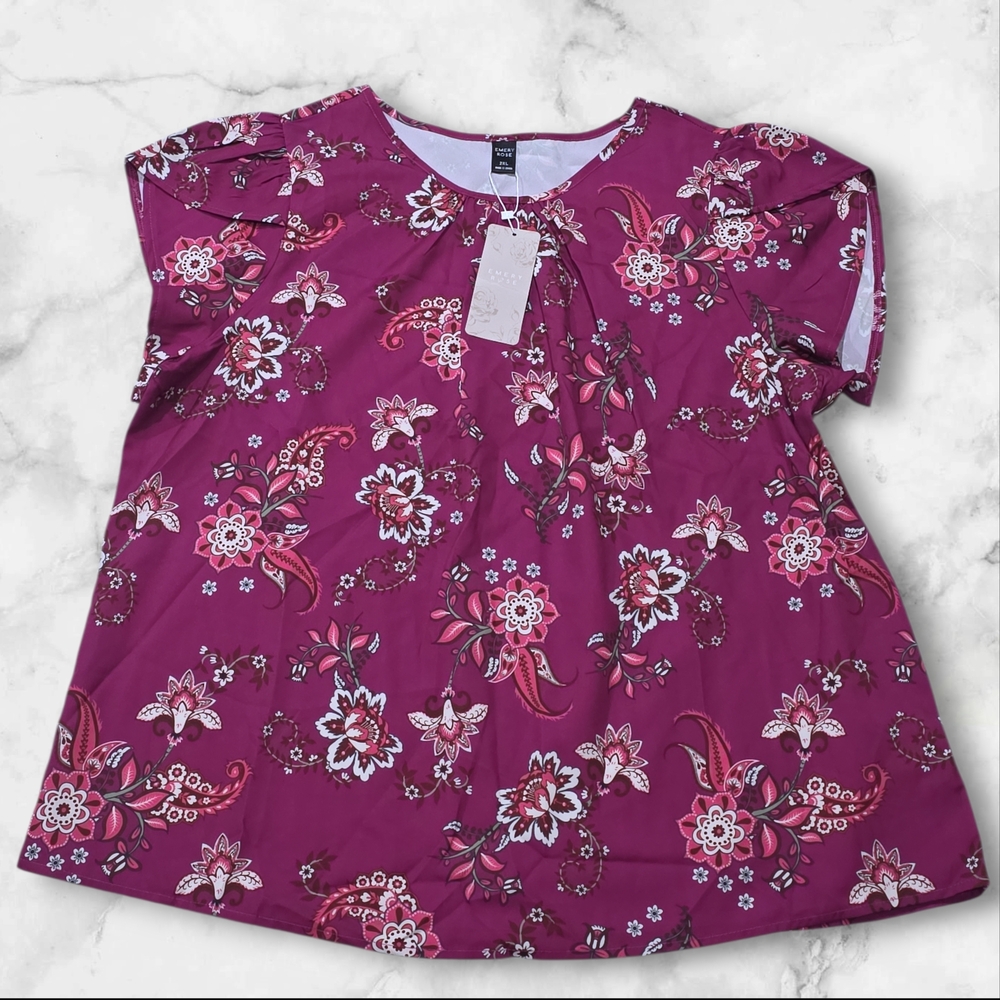 Emery Rose Short Sleeve Floral Blouse Top Shirt Size 2 Xtra Large (2XL) D9